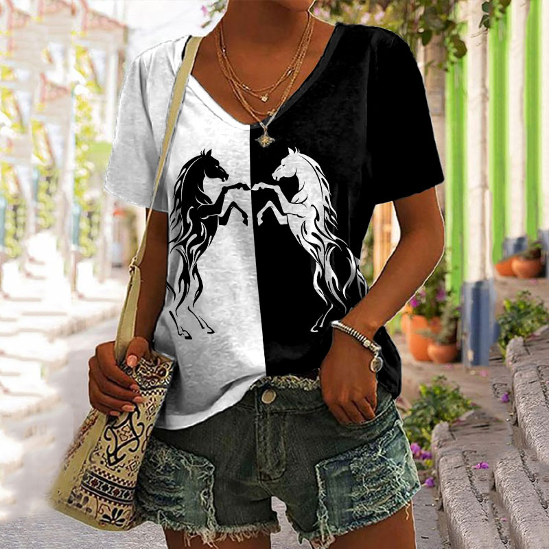  Casual Colorblock Horse Print T-Shirt Westsshops