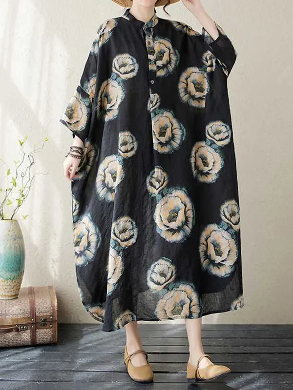 A-Line Loose Buttoned Flower Print Stand Collar Mini Dresses main image 1