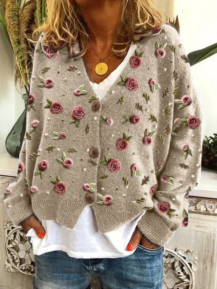 VChics Classy Roses Pearls Beaded Embroidered Cozy Cardigan