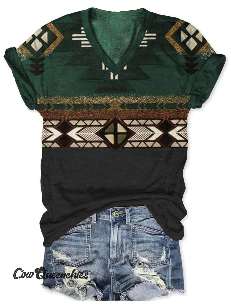 Women’s Vintage Print V-Neck Casual T-Shirt Multicolor / S