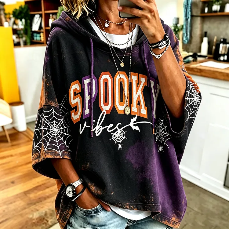 Women's Retro Halloween Spooky Vibe Print Casual Hooded Sweatshirt
