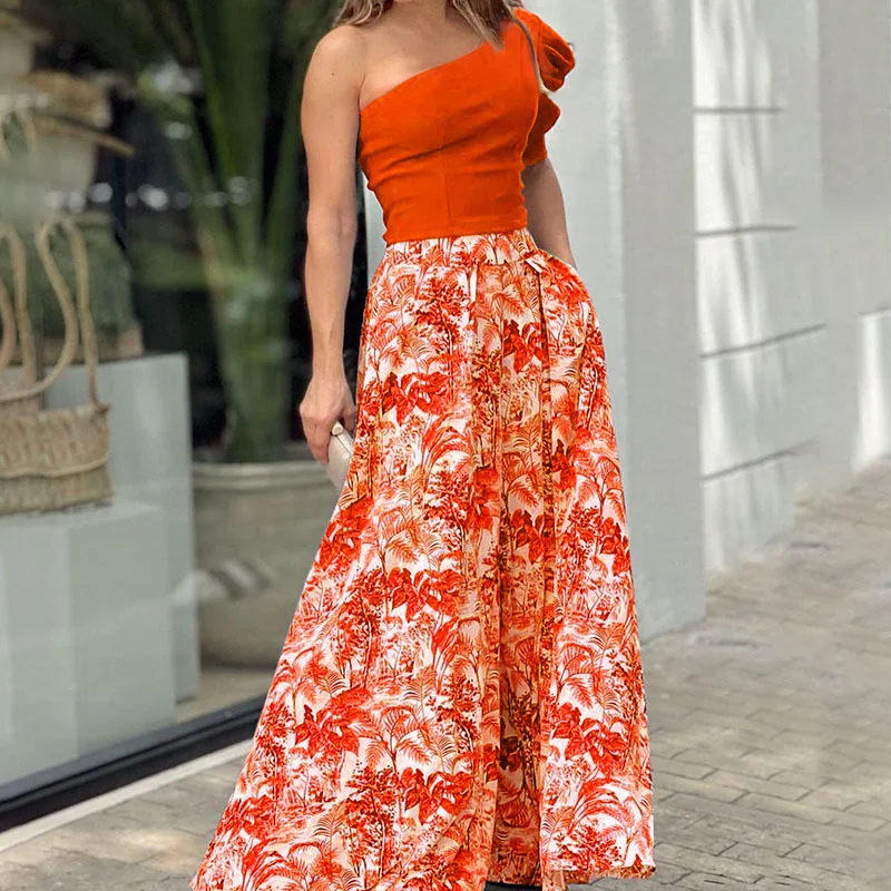 Spring women's oblique shoulder sleeve top printed wide-leg pants two-piece set