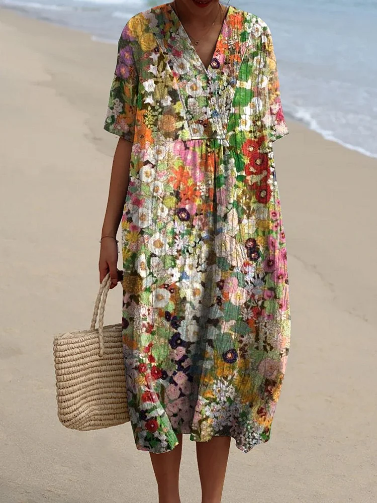 Women's Colorful Floral Print Pocket Linen Dress