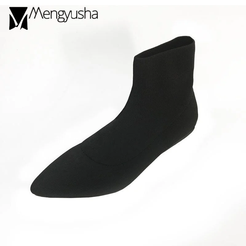 famous designer knitting ankle boots women pointed toe stretch fabric slip on botas mujer flat heel comfortable elastic booties
