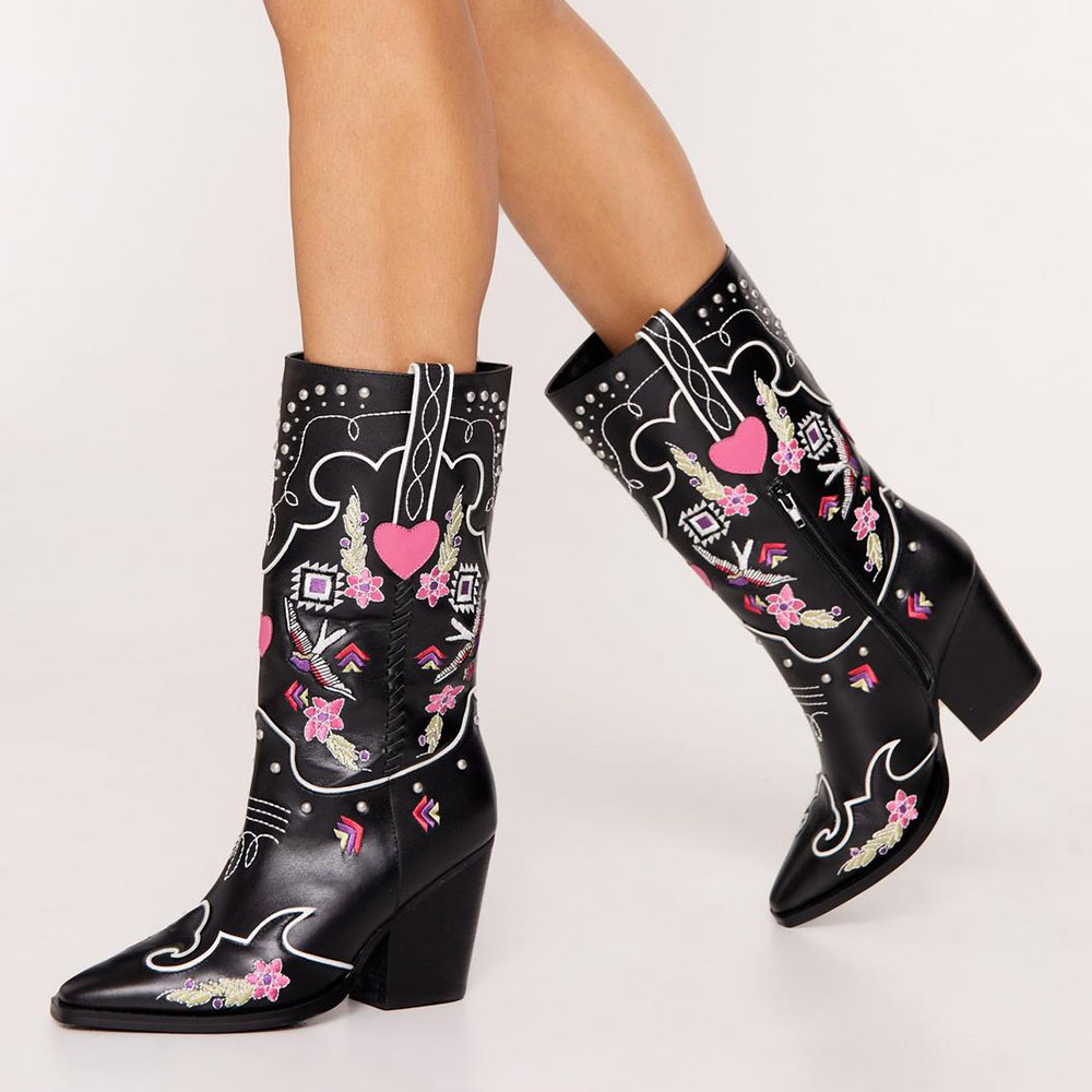 Black Vegan Leather Pointed Toe Colorful Embroidery Inlay Studded Wide Calf Cowgirl Boots With Chunky Heels