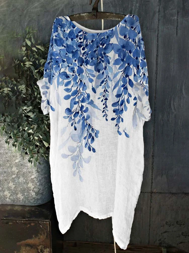 Comstylish Watercolor Wisteria Flower Print Linen Loose Flowy Long Shirt