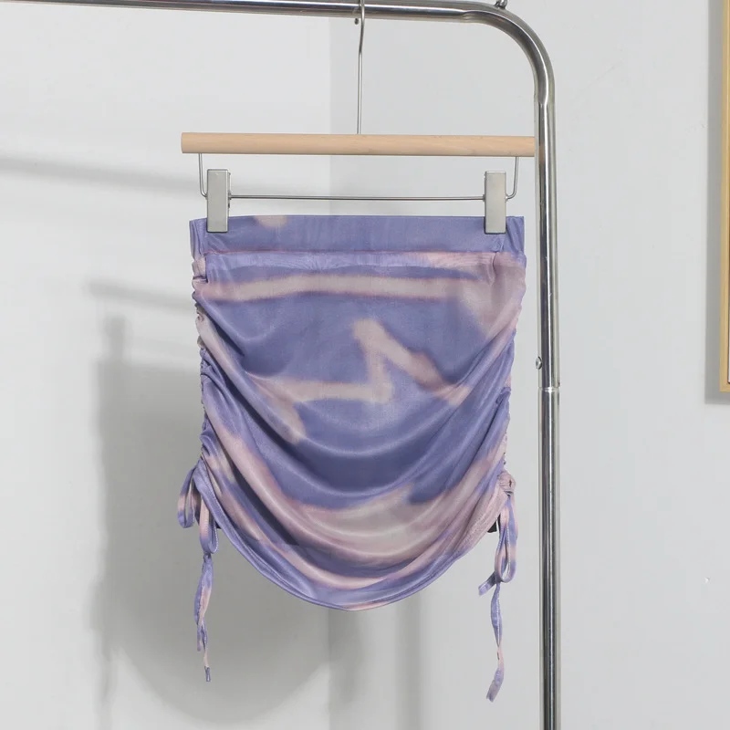 Brownm Solid Shot Tie-Dye Printing Net Yarn Rope With Folded Bag Hips Babes Short Skirt Anti-Light Repair Body Skirt 9919
