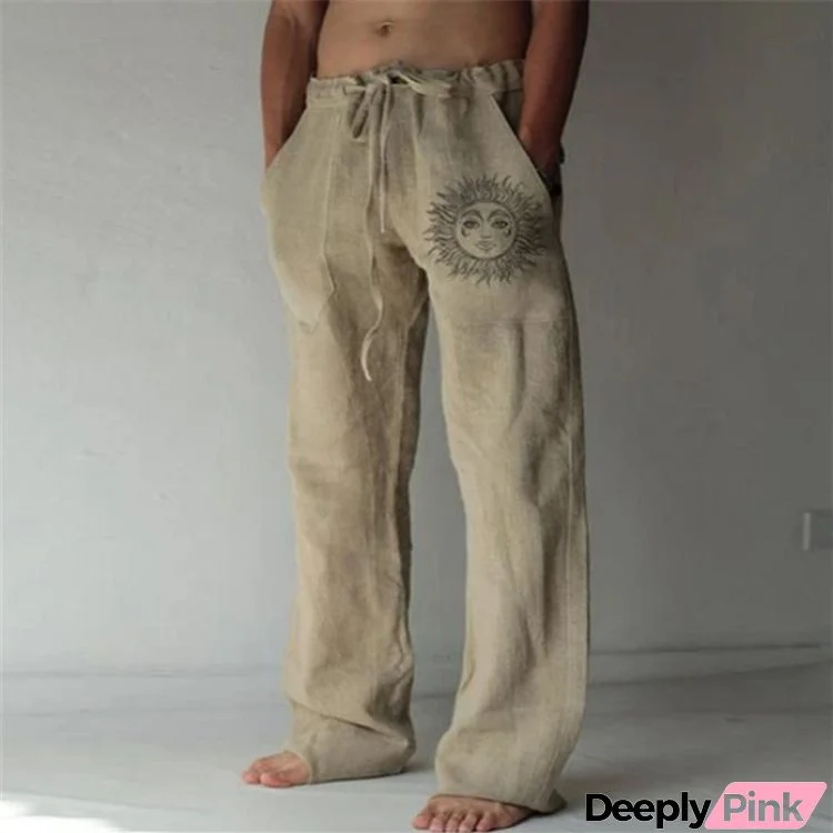 Men Plus Size Casual Mid Waist Drawstring Sun Printed Pants