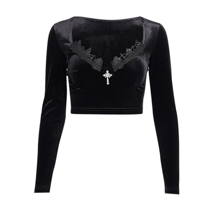 InsDoit Goth Black Velvet T Shirt Women Streetwear Long Sleeve Autumn T Shirt Lace Patchwork Harajuku Cross Aesthetic Slim Tees