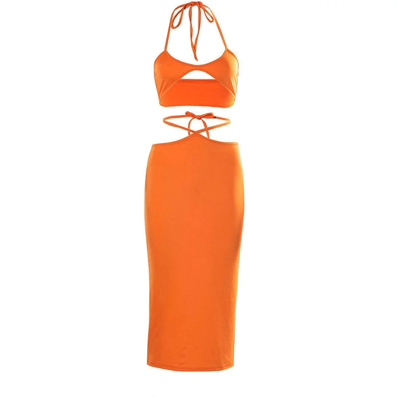 Women Sexy Fashion Outfits Orange 2 Pieces Solid Halter Backless Crop Tops and Tie Up High Waist Long Skirt Street Club Clothing