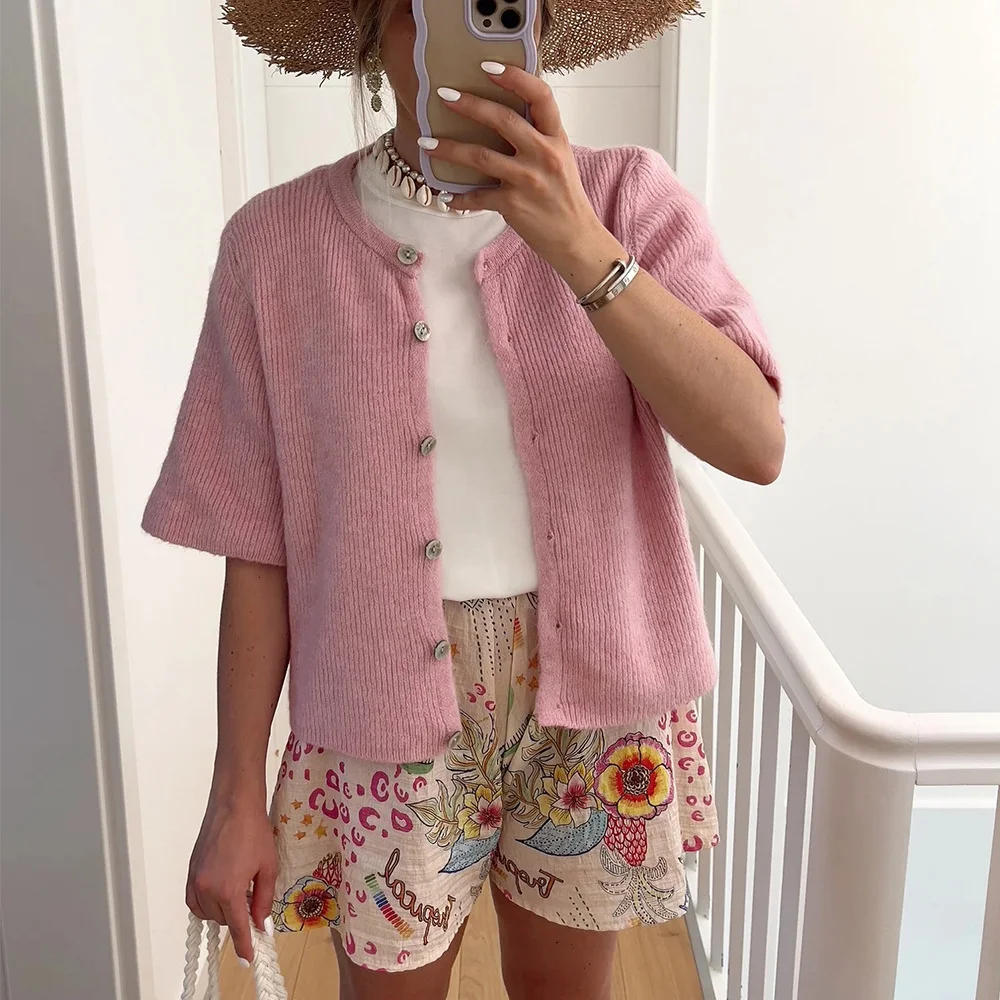 Wongn Wongn Women's New Short-Sleeved Knit Cardigan Solid Color Half Open Collar Button Sweater Women's Women's Casual Cardigan