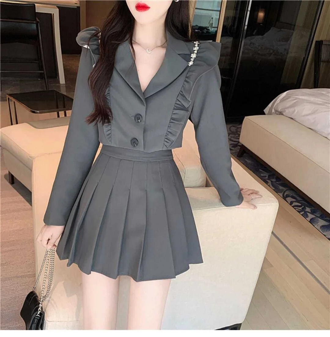 Abebey  Women's Jacket Long Sleeve Student Pleated Skirt Suit Female Silver Grey Blazer Lady Office Work Suit Blazers Short Dress