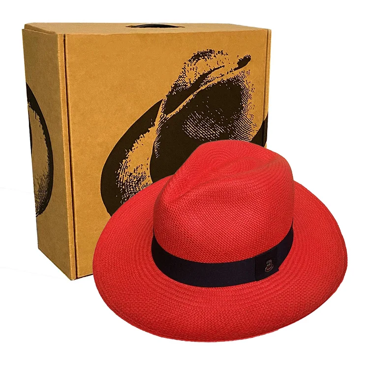 Advanced Original Panama Hat-Red Classic Fedora-Handwoven in Ecuador(HatBox Included)