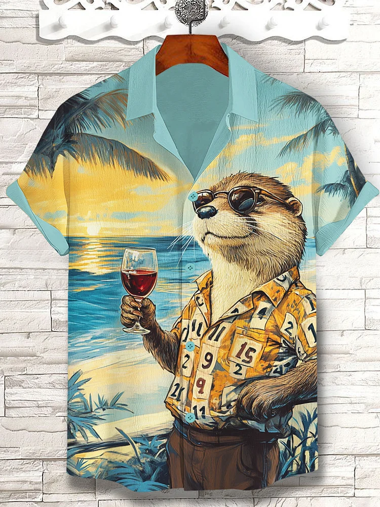 Men's Otter Wearing Shirt With The Number Drinking Wine Vacation Art Print Casual Shirt