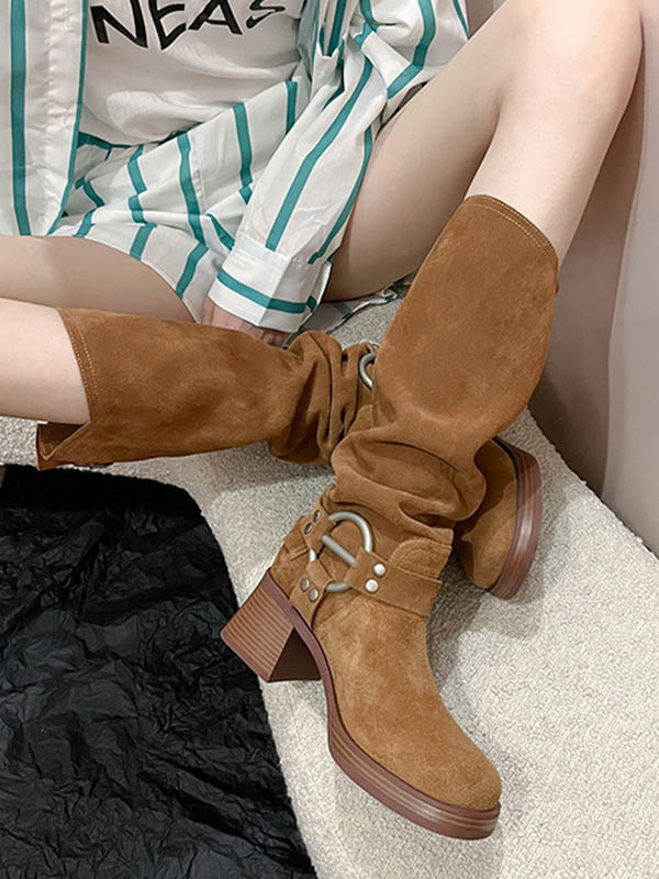 Buckle Round-Toe Split-Joint Velvet Boots Pumps