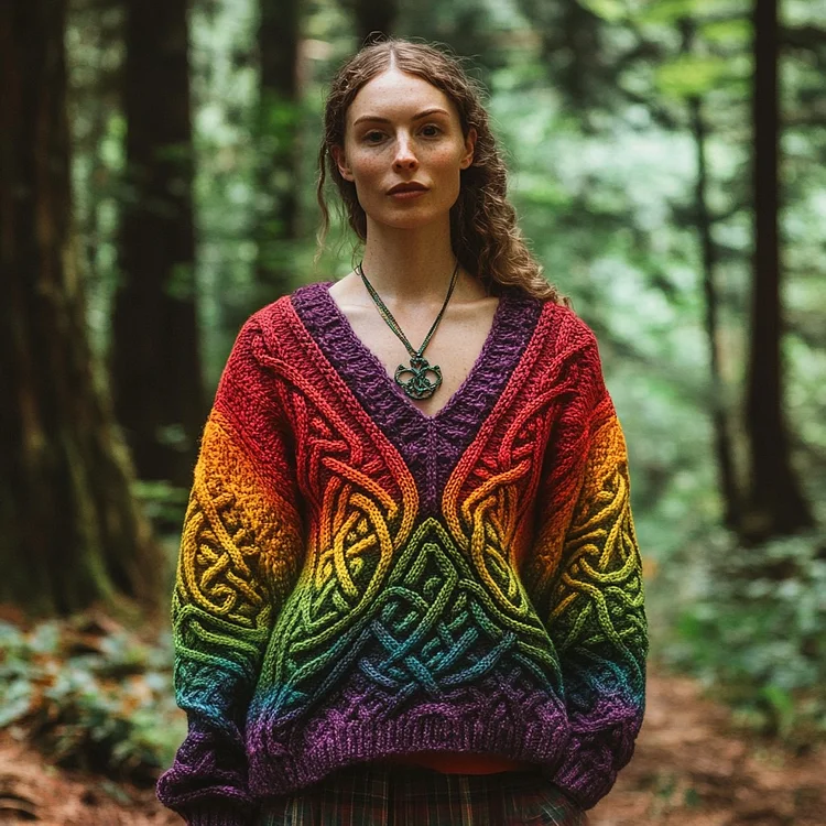 Vintage Rainbow Gradient Celtic Knot Chunky V-neck Aran Sweater