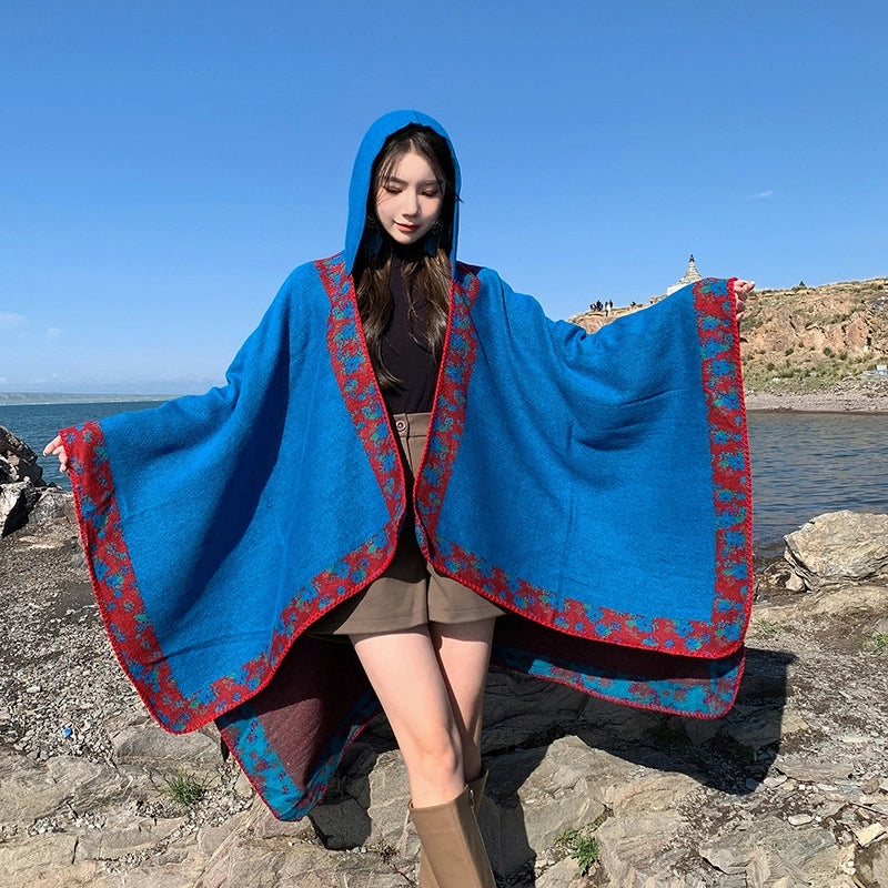 Ethnic Style Hooded Shawl Cloak Lijiang Xinjiang Tibet Northwest Tourism Wear Photograph Warm Outer Cape