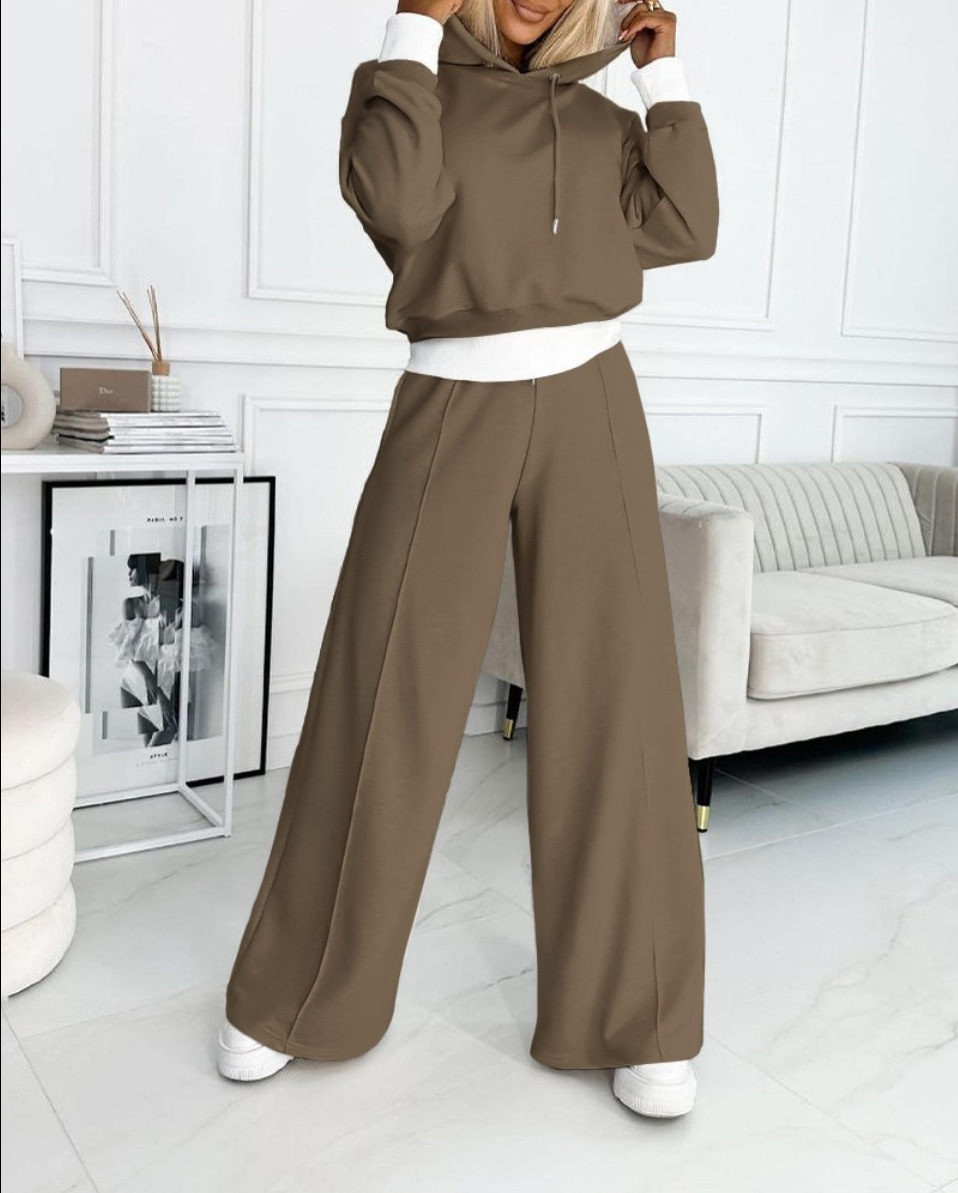 Megamillionnew Two Piece Set Women Outfit 2025 Autumn Fashion Fake Two Piece Long Sleeve Hoodie & Casual Drawstring Pocket Wide Leg Pant Set