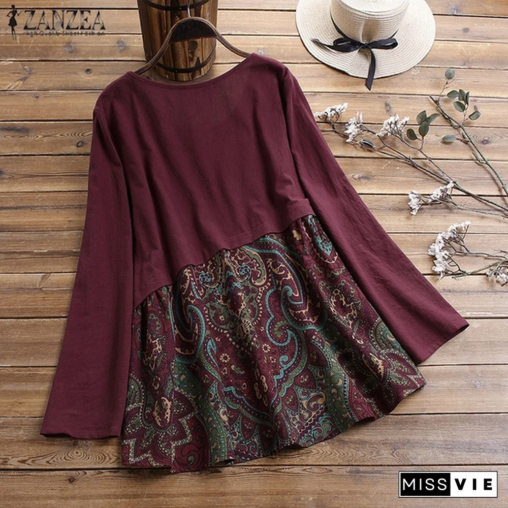 M-5XL Vintage Spring Women O-neck Floral Shirts Long Sleeve Cotton Blouses Camicette Donna