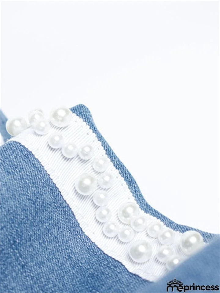 Spring Autumn Pretty White Pearl Woven Tape Thin Denim Jeans for Women