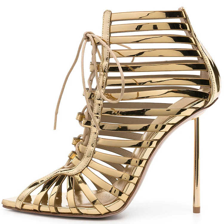 Metallic Gold Pointy Toe Lace-up Sandals Caged Cutout Heeled Booties