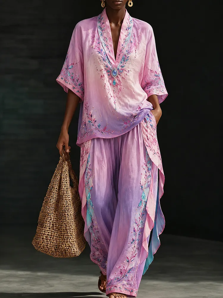 Luxury Pink Floral Bohemian Kaftan Set &ndash; Flowing Silk-Look Resort Lounge Outfit for Women
