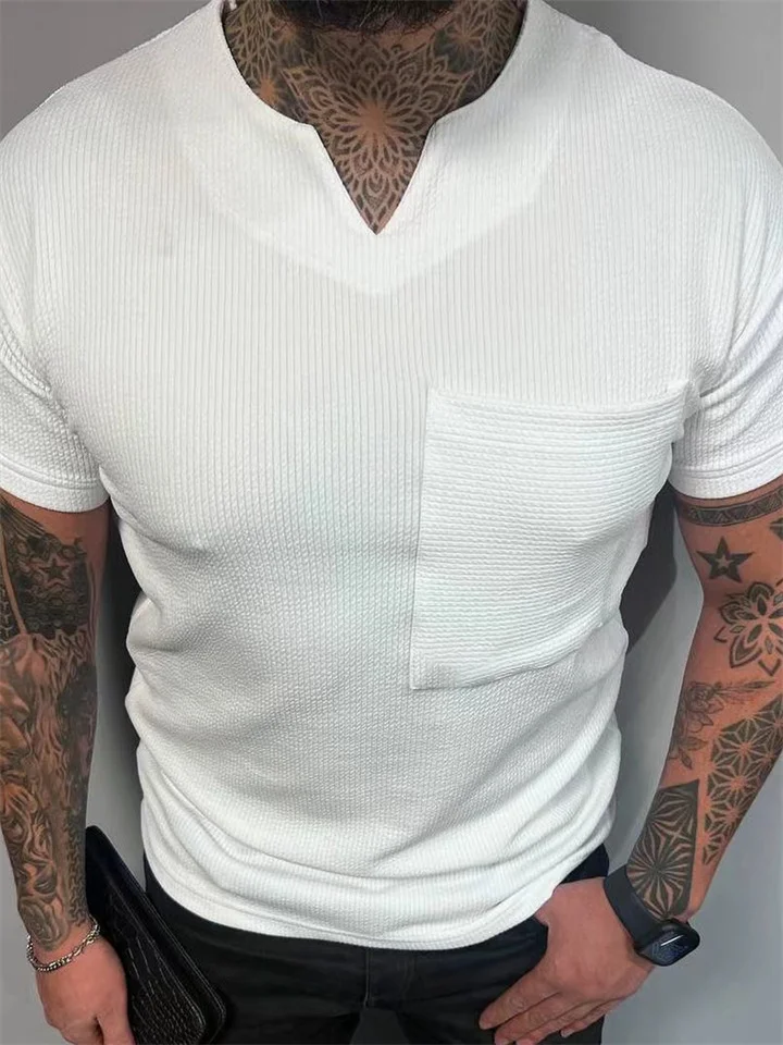 Summer New Round Neck Slim Type Set Head Men's V-neck Short-sleeved Men's Solid Color Casual Breathable T-shirt Tops