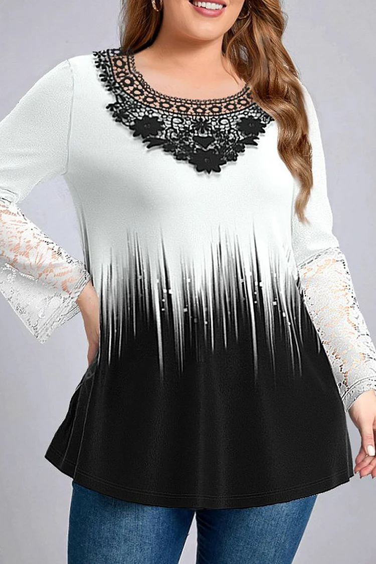 Flycurvy Plus Size Casual White Collar Flower Ombre Print Lace Stitching Blouses  Flycurvy [product_label]