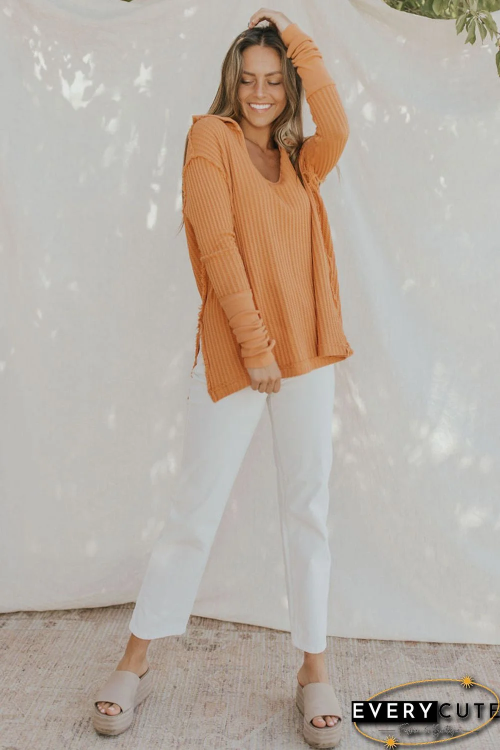 Orange Distressed Seam Trim Waffle Knit Top