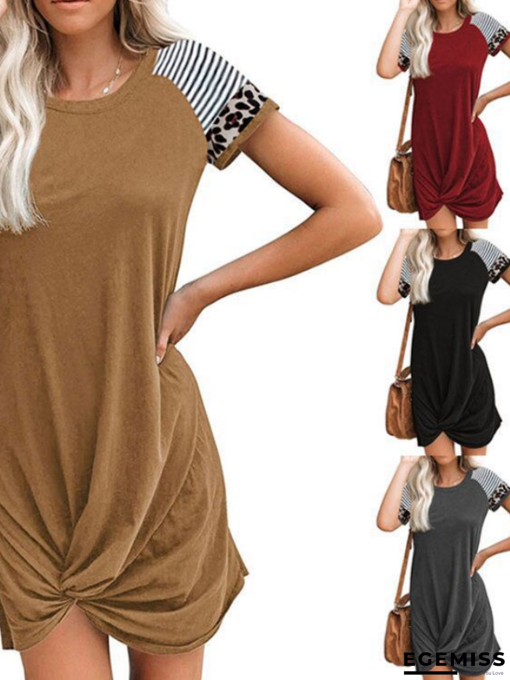 Women's Spring and Summer Raglan Leopard Stitching Short Sleeve T-shirt Dress | EGEMISS