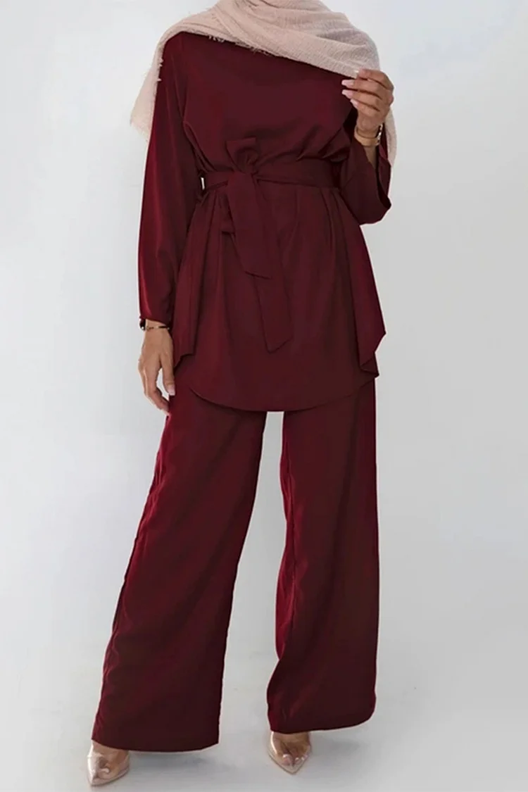Round Neck Long Sleeve Tie Up Top Wide Leg Pants Solid Color 2pcs Set