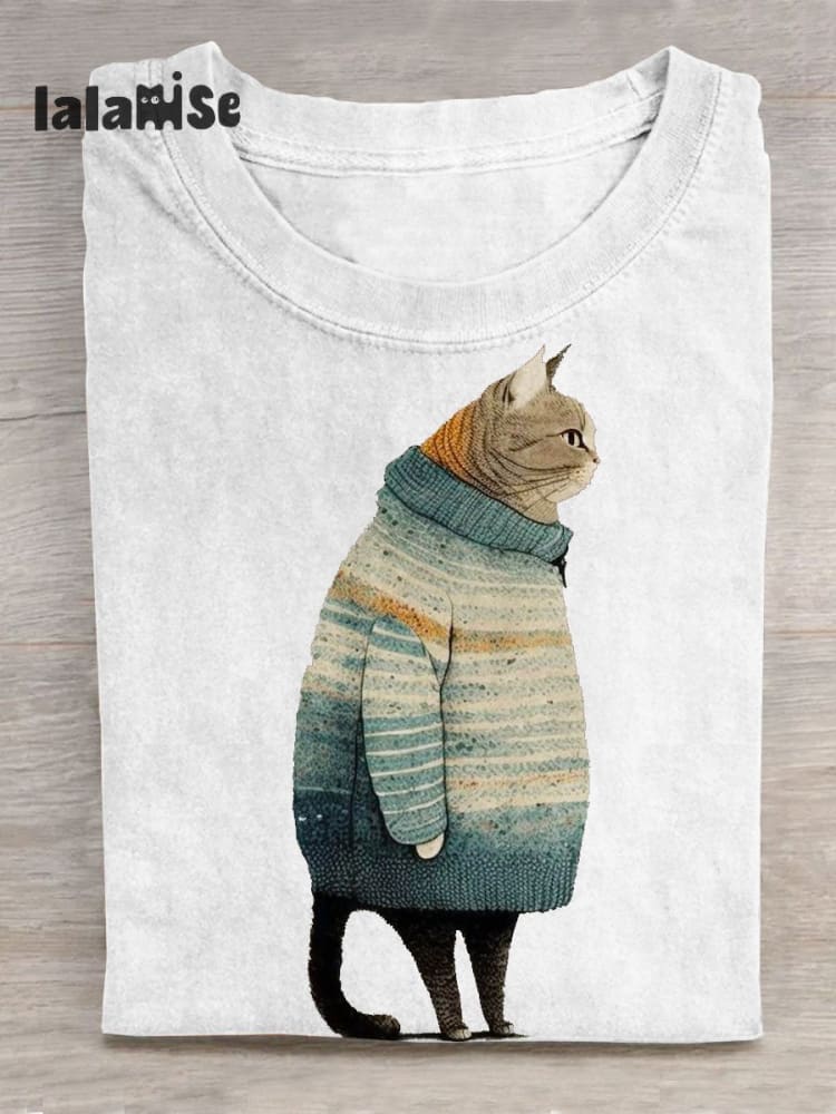 Cute Winter Cat Art Pattern Print Casual T - Shirt White / S