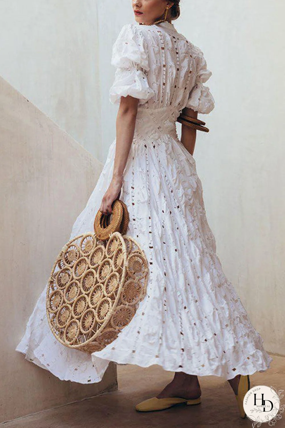 V Neck Hollow Ruffle Puff Sleeve Maxi Dress