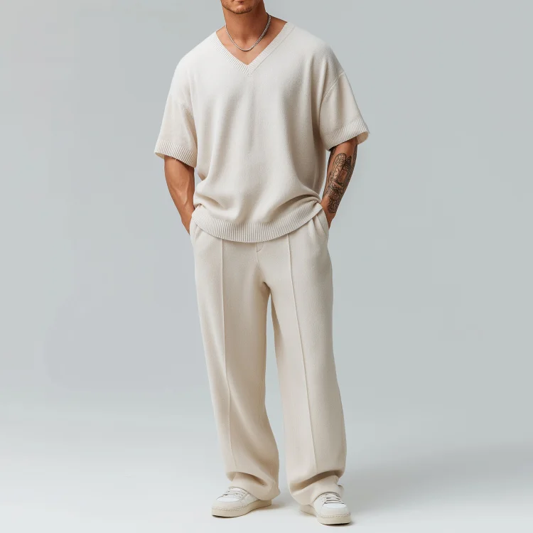 Okaywear Casual Solid V Neck T-Shirt & Pocket Pants 2Pcs Set 