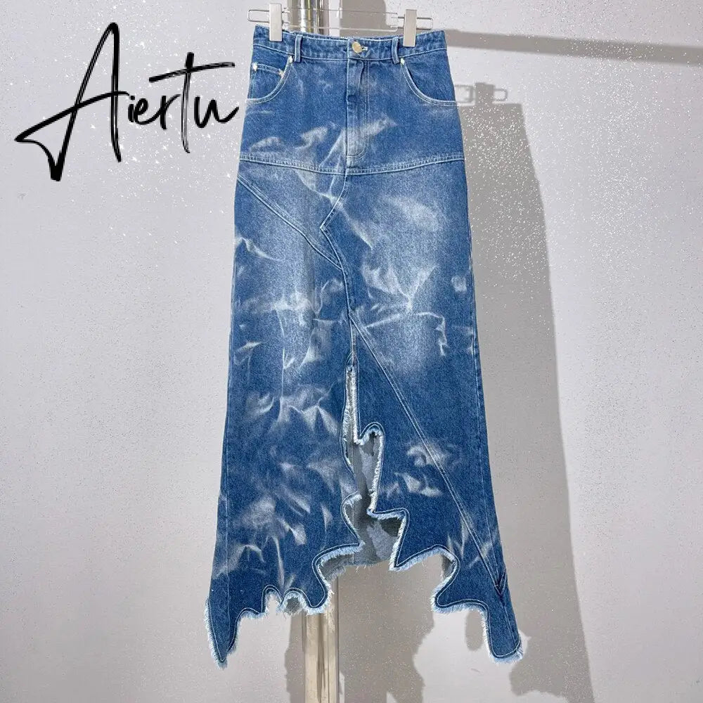 Irregular Skirts For Women High Waist Patchwork Pocket Casual Loose A Line Denim Skrit Female Fashion Clothing New Aiertu