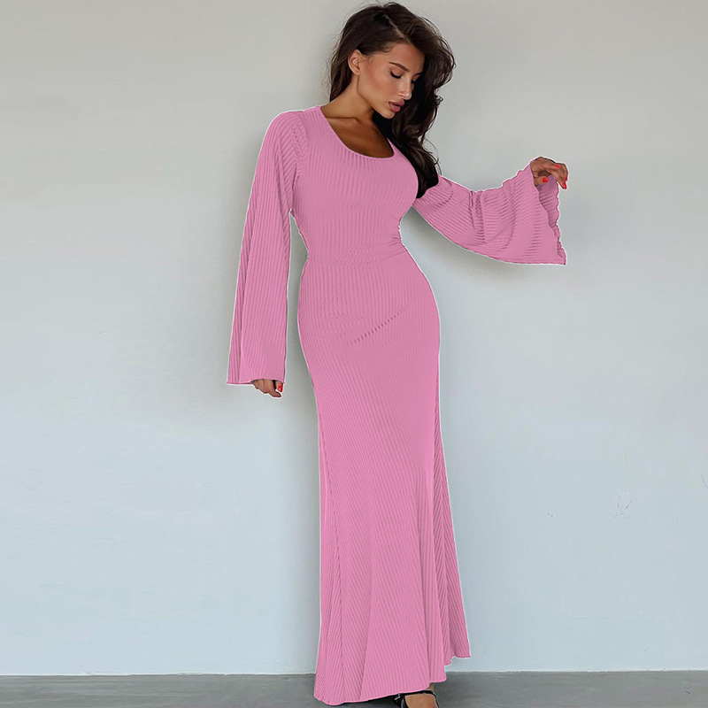 Ootddress Scoop Neck Lace-Up Ribbed Maxi Dress Female Long Sleeve Fashion Slim Loose Bandage Dress Autumn 2025 Solid Women Dress New