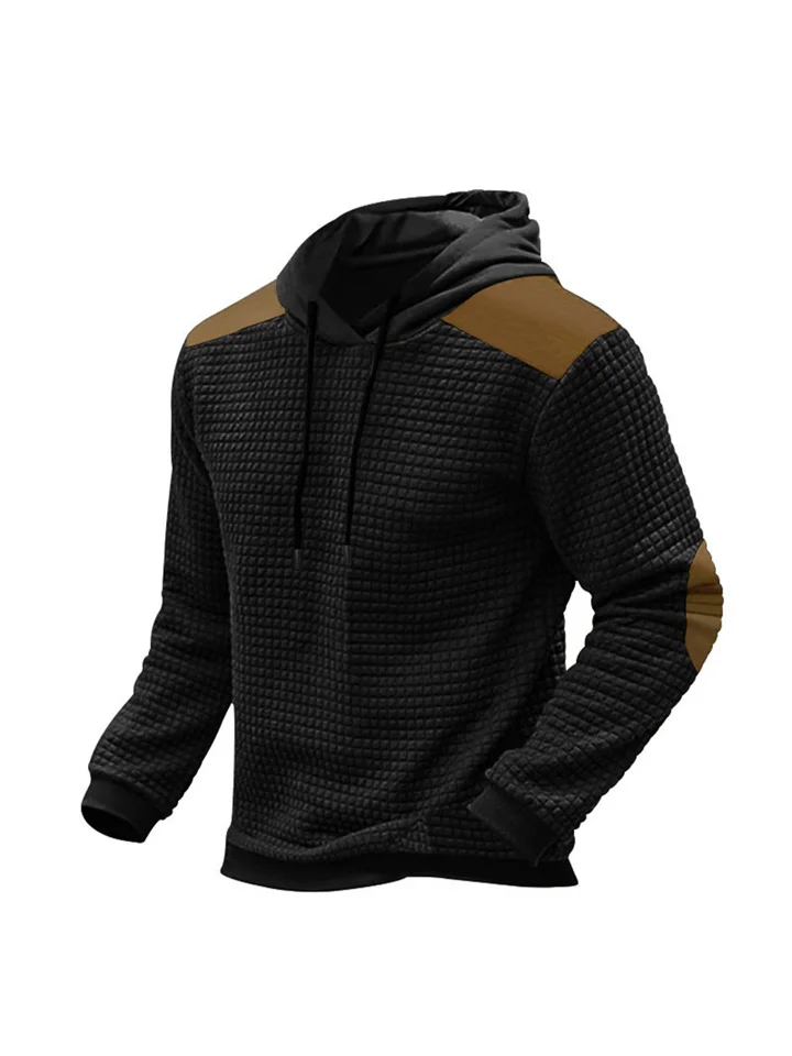 Men's Jacquard Plaid Colorblocking Sweater Long-sleeved Hooded Pullover Round Neck Light Casual Sweater Man