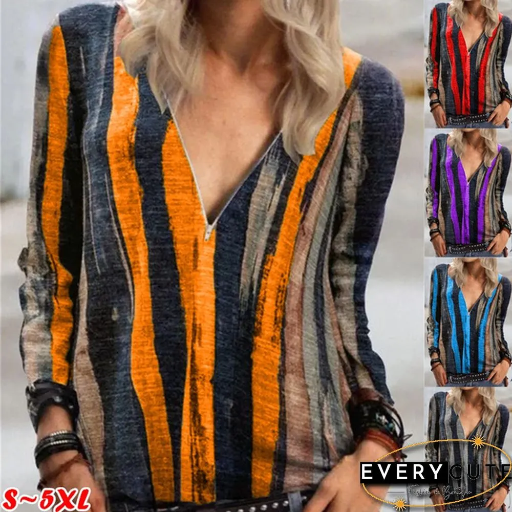 Womens Fashion Casual Zipper Long Sleeve Blouse Ladies Female Printing Loose Shirt Plus