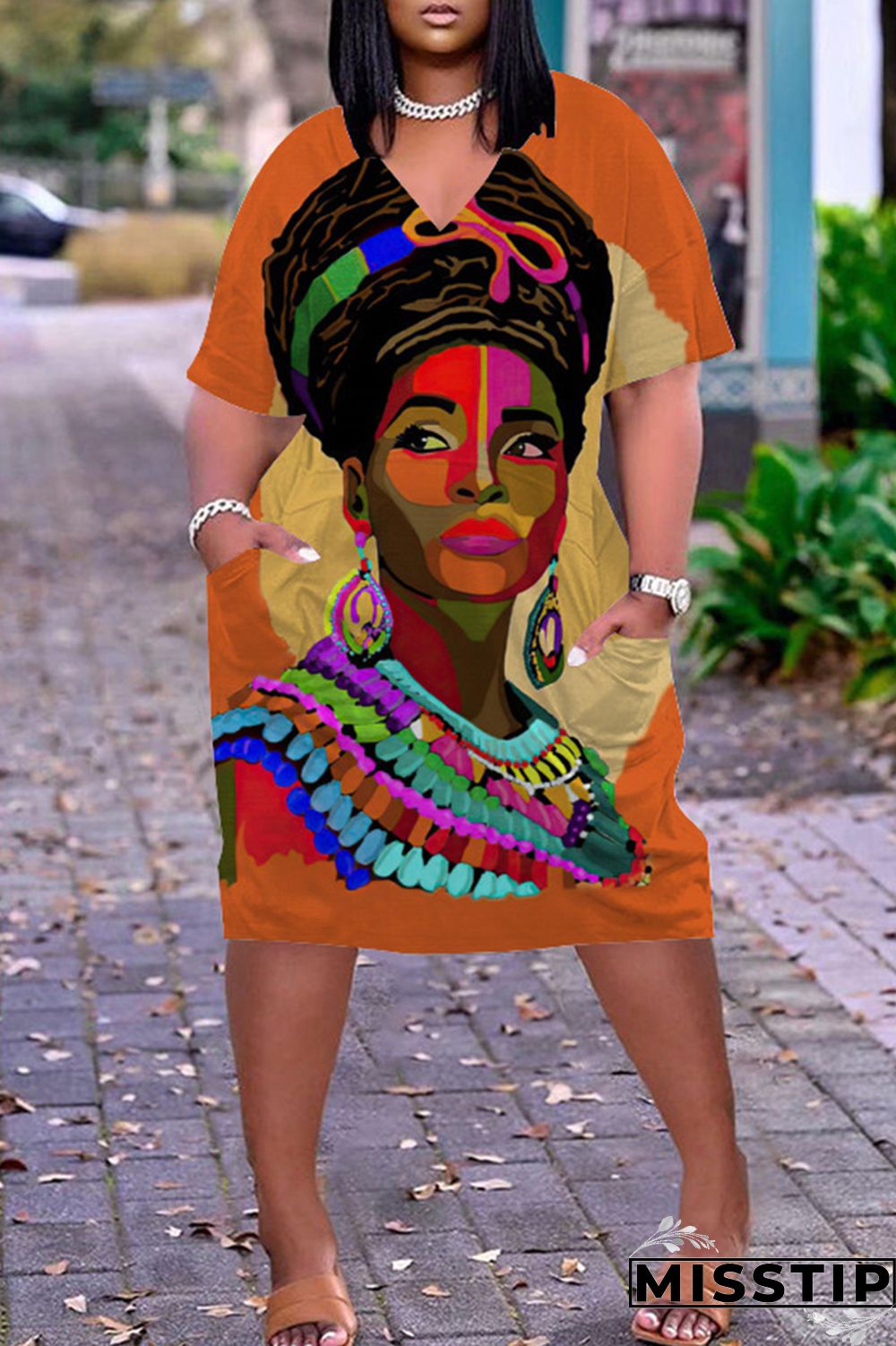 Army Green Fashion Casual Print Basic V Neck Short Sleeve Dress