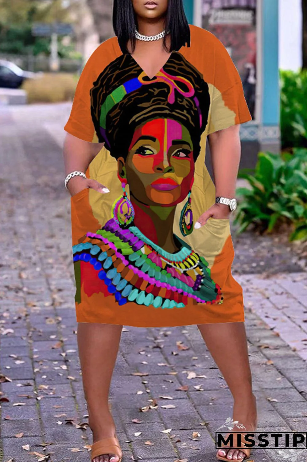 Army Green Fashion Casual Print Basic V Neck Short Sleeve Dress