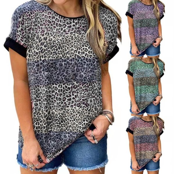 Women's Fashion Summer Short Sleeve T-shirt Tops Plus Size Loose Leopard Print Tee Casual Shirts - Chicaggo