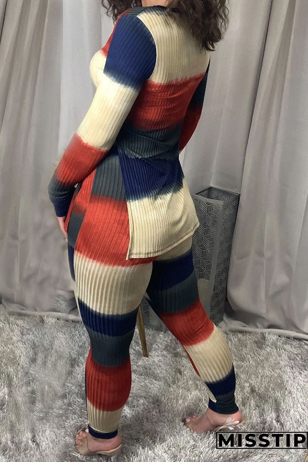 Multi-color Casual Milk Fiber Print V Neck Long Sleeve Regular Sleeve Regular Two Pieces