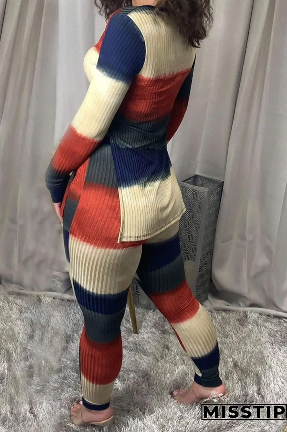 Multi-color Casual Milk Fiber Print V Neck Long Sleeve Regular Sleeve Regular Two Pieces