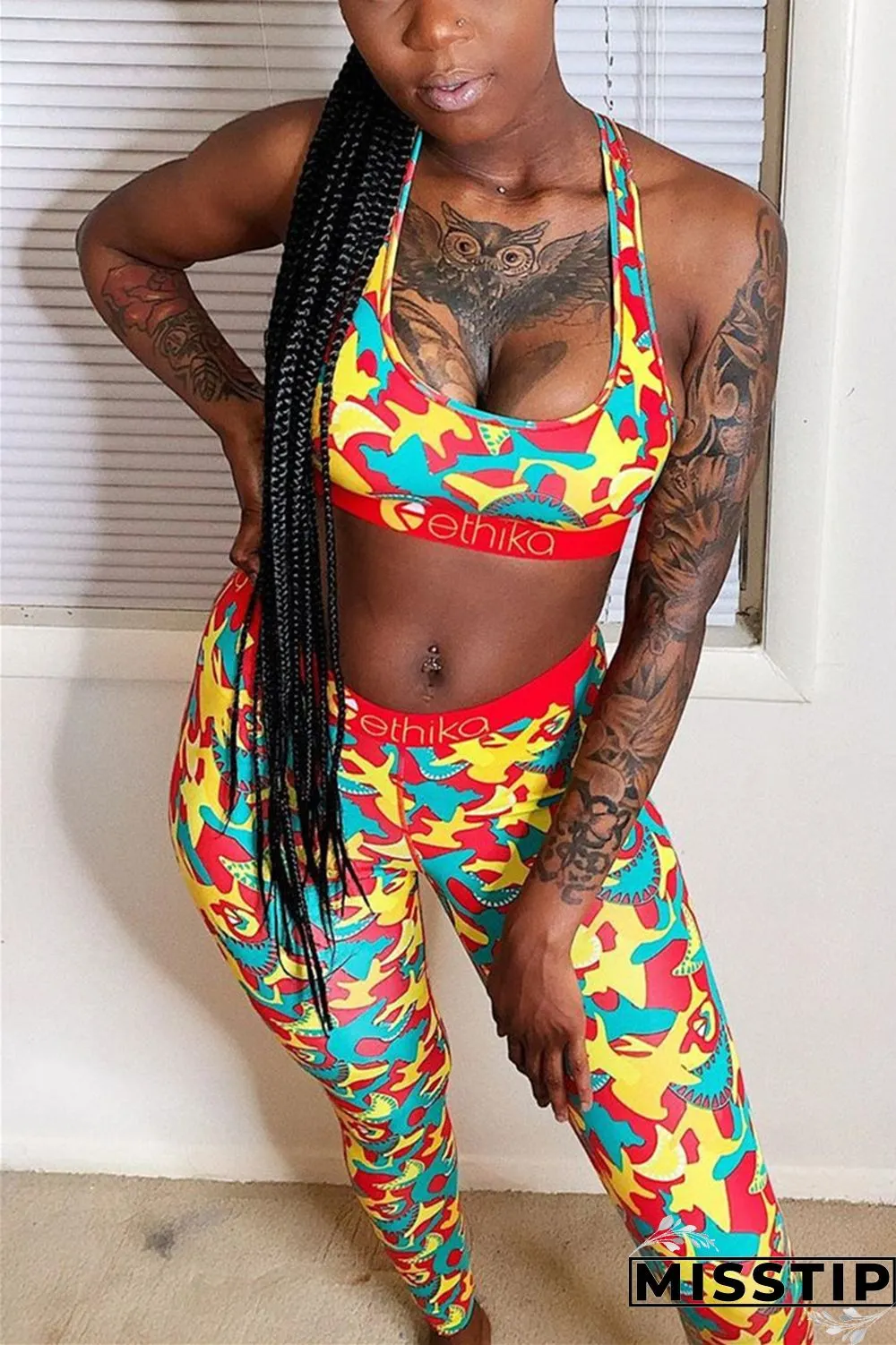 Yellow Fashion Sexy Printed Vest Trousers Set