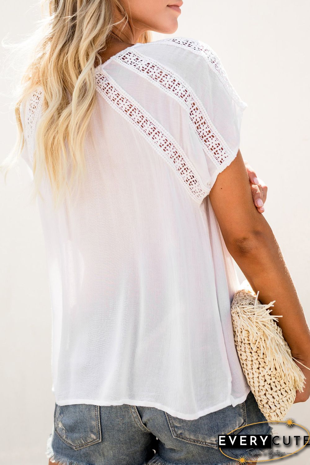 White Crochet Eyelet Short Sleeves Top