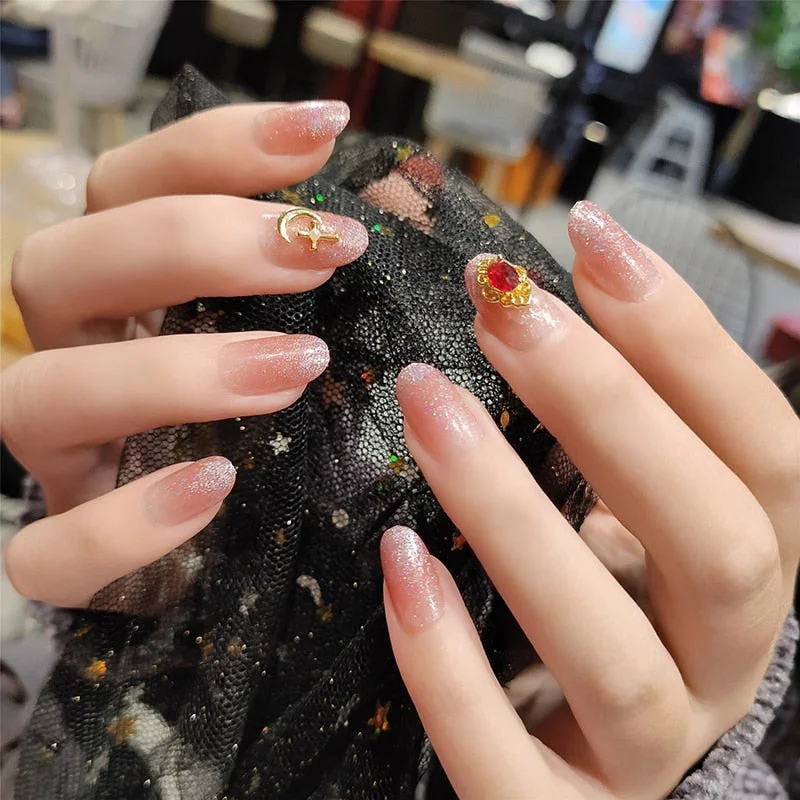 Girls Sweet Candy Color Fake Nail Patch Gradient Purple Shining Rhinestone False Nails DIY Short Full Cover Nail Art Stickers-Nail Inspo