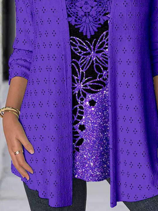 Women Long Sleeve Scoop Neck Butterfly Printed Printed Graphic Lace Two-Pieced Tops