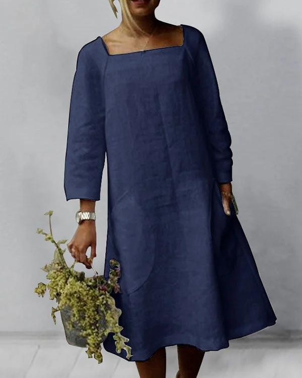 Solid 3/4 Sleeve Square Neck Linen Midi Dresses