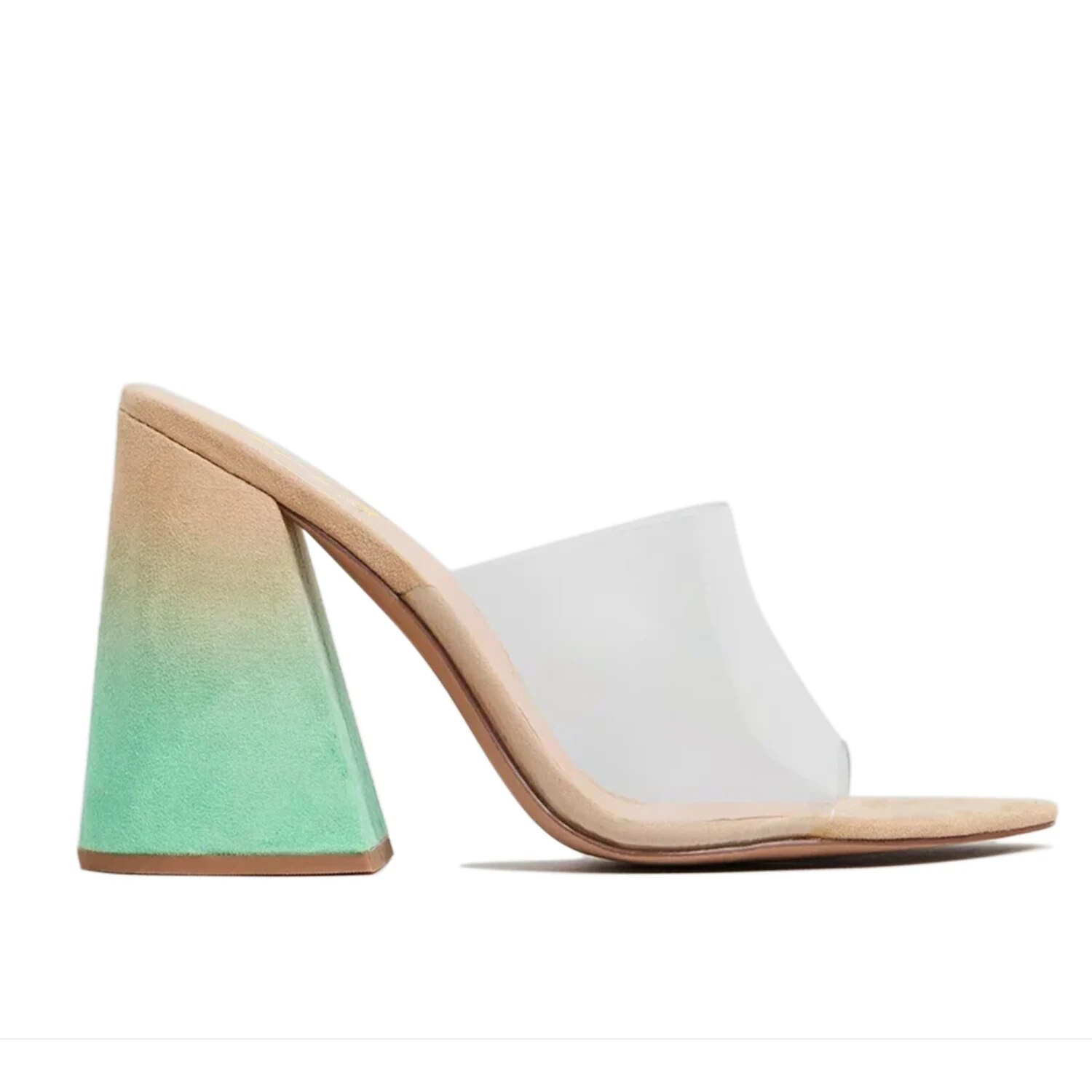 TAAFO PVC Green Gradient Mules High Chunky Heels Women's Slippers Pointed Toe Ladies Casual Outside Shoes 