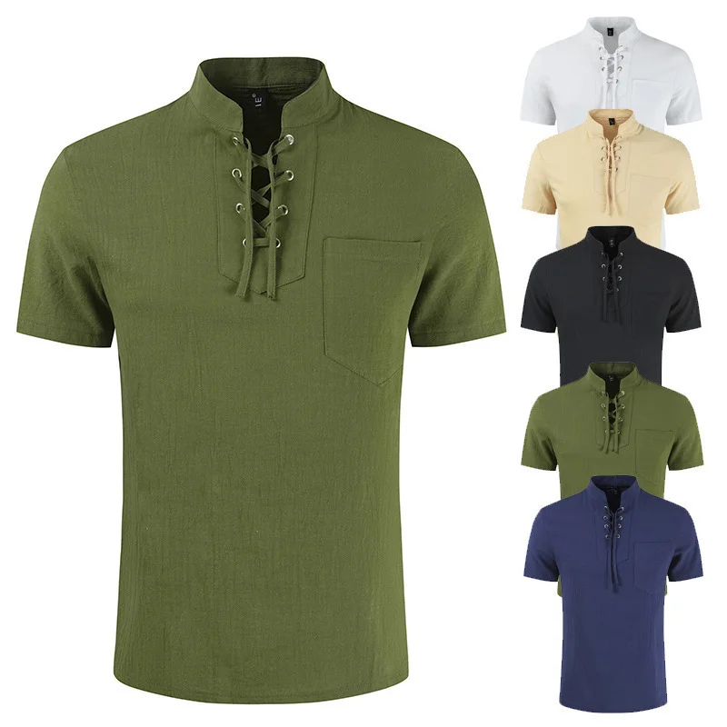 Men's Outdoor Cotton And Linen Lace-up Pocket Short Sleeved T-shirt